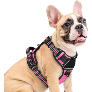 Eagloo Dog Harness Medium Sized, Easy Wearing with 3 Buckles, Adjustable No Pull Pet Harness with 2 Rings for Walking, No Chock Reflective Soft Padded Vest with Control Handle, Pink & Black, M