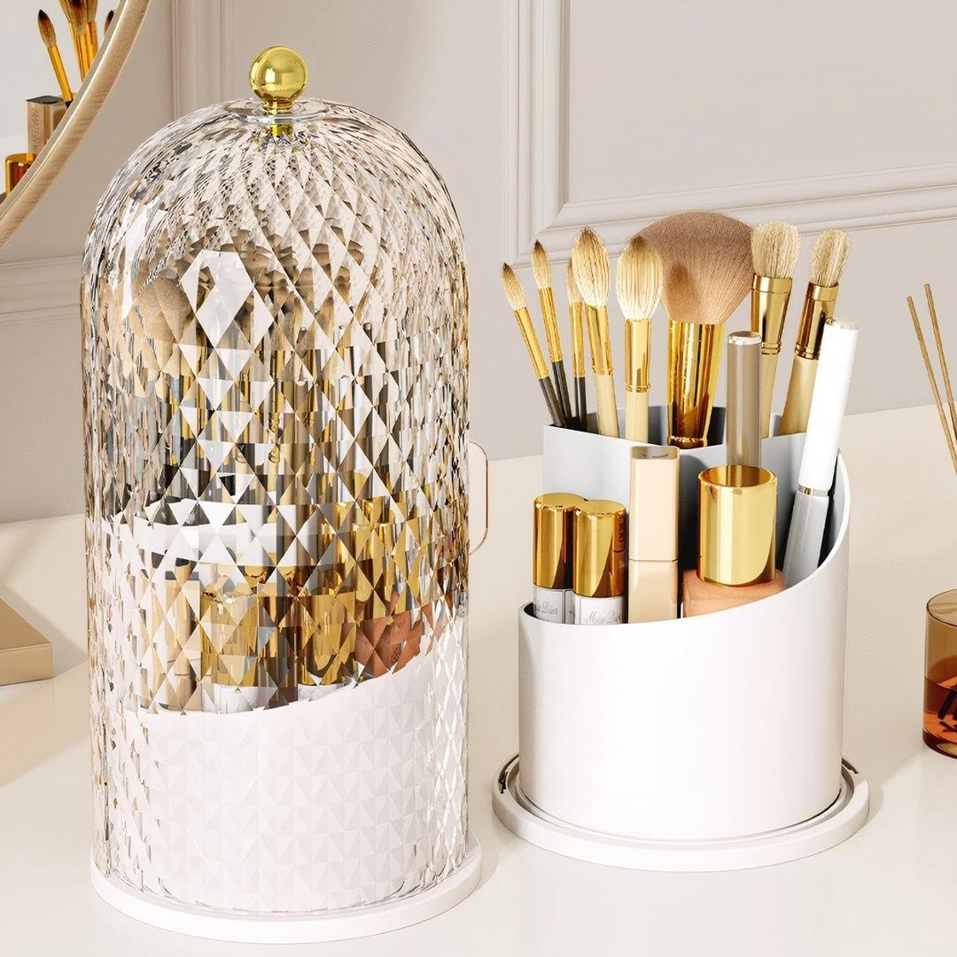Makeup Brush Holder with Lid Makeup Brush Storage Box with Diamond Pattern360 Rotating Waterproof and Dustproof Beauty Brushes Storage for Vanity Bathroom, White