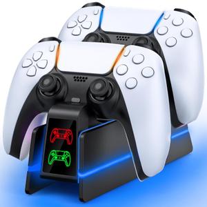 PS5-Controller-Charger-Station - Charging Station for PlayStation 5 Dualsense/Edge Controller with 9 Color Led Light, Fast Charging Dock & Holder Stand for PS5/Slim/Pro Remote - Whole Black