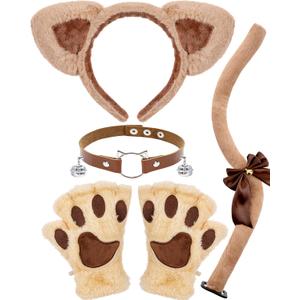 Halloween Cat Costumes Set, 4 Pcs Cute Cat Ears Headband Tail Paws Gloves Collar Set for Women Girls (Brown)