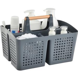 Portable Shower Caddy Basket with Compartments, Plastic Divided Cleaning Caddy Organizer Storage Tote with Handle for Bathroom, College, Dorm Room Essentials, Dark Gray