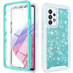 TJS Compatible for Samsung Galaxy A53 5G Case, with [Built-in Screen Protector], Full-Body Drop Protector Cover Glitter Bling Cute Girls Women Design Hybrid Phone Case (Teal)