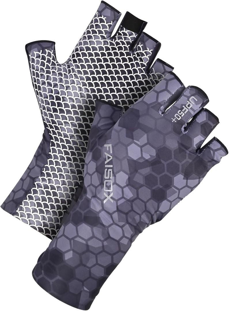 FAISOX Fly Fishing Gloves Men Sun Sleeves Fingerless UPF Camo Quick-Drying UV Sun Protection for Kayak Rowing Adults Women (Checkered Camo, Medium)