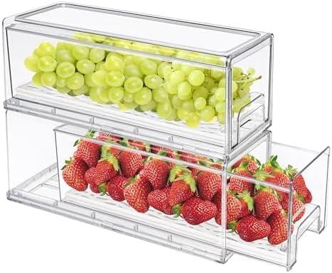 MANO 2Pack Clear Fridge Drawers Pull Out Stackable Refrigerator Drawer Organizer Bins Pantry Storage Box Plastic Food Containers for Kitchen Bathroom Office Closet(X-Small) (2S)
