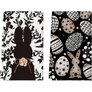 Artoid Mode Black Bunny Eggs Flower Easter Kitchen Towels Dish Towels, 18x26 Inch Spring Farmhouse Leaves Decoration Hand Towels Set of 2