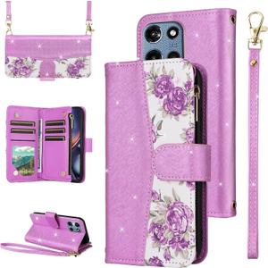 for Motorola Moto G 5G 2025 Floral Flip Zipper Wallet Case Purple | Girl, Wrist/Shoulder Strap, Luxury Glitter PU Leather Purse, Card Holder Stand, Accessories, Phone Cover for G5G 5 G G5 Women
