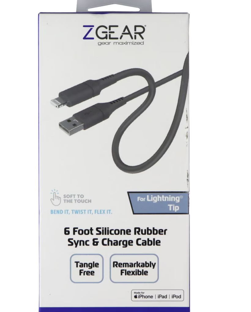 ZGEAR SILICONE CABLE LIGHTNING 6FT GREY