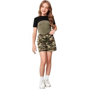 GORGLITTER Girl's Summer Outfits 3 Piece Ribbed Knit Tank Top Short Sleeve Crop T Shirt Camo Shorts Sets Size 8-12 Black and Green 11Y