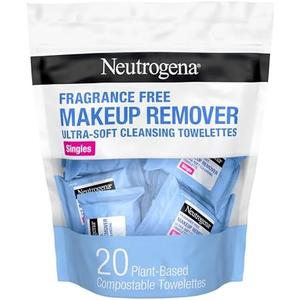 Neutrogena Fragrance-Free Makeup Remover Cleansing Towelette Singles, Individually-Wrapped Daily Face Wipes to Remove Dirt, Oil, Makeup & Waterproof Mascara for Travel & On-the-Go, 20 ct (Pack of 6)