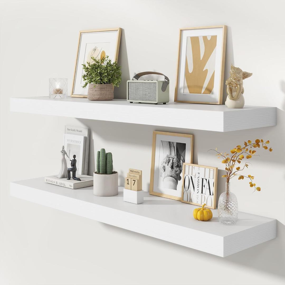FLYJOE 48 Inch Floating Shelves | 12 Inch Deep White Floating Shelves Set of 2 | 48" W x 12" D White Wood Wall Shelves for Bathroom Living Room Kitchen Laundry Room