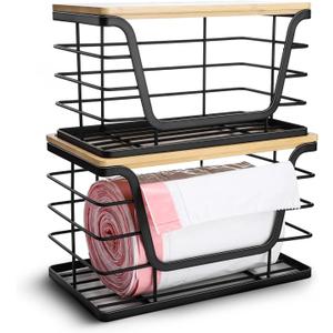 2 Pack Trash Bag Dispenser & Garbage Holder Stackable Wall Mount Storage Organizer with Bamboo Top, No Drill Roll Holder for Kitchen, Bathroom, Laundry & Under Sink Countertop Organization