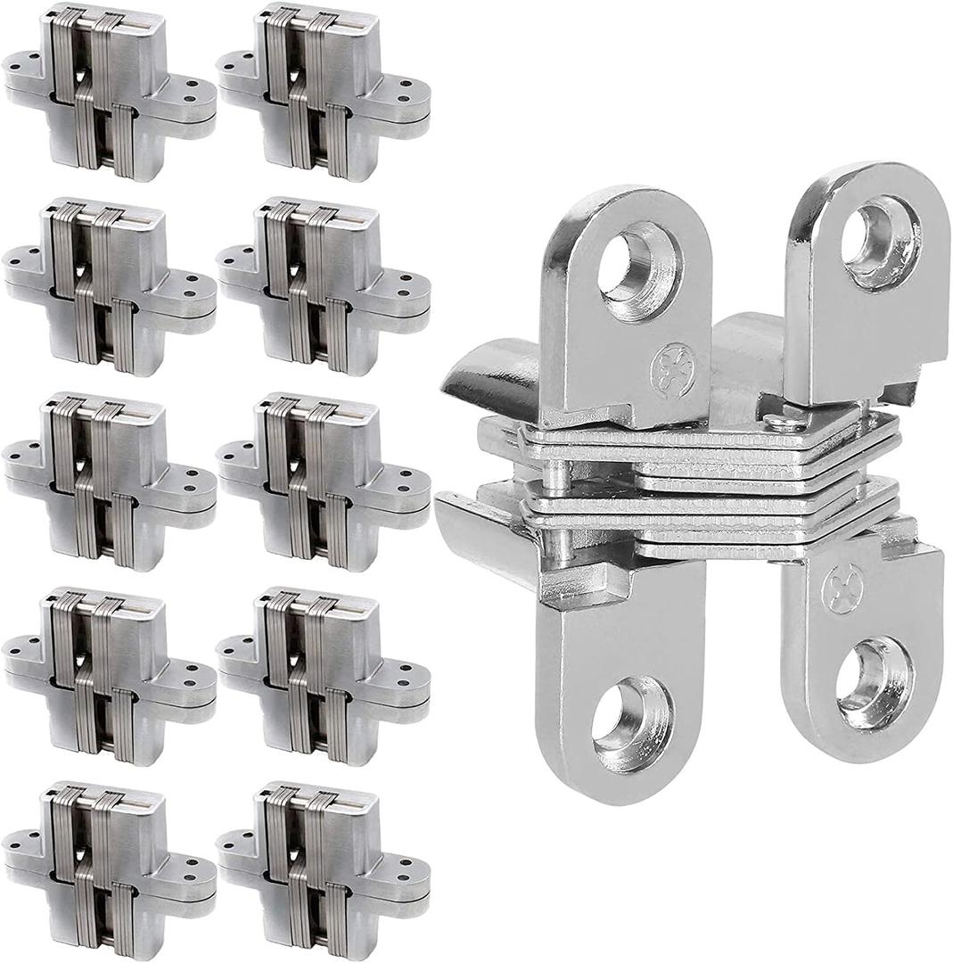 10 Packs Hidden Door Hinges 10 Pack Concealed Cross Hinge Invisible 180 Degree Hinges Swing Coss Invisible Hinge for Cabinets, 0.47'' Leaf Width, 1.7" Leaf Hight