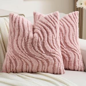 FUTEI Pack of 2 Solid Faux Fur Geometric Striped Throw Pillow Covers 16x16 Inch Soft Farmhouse Decorative Accent Lumbar Pillowcases Modern Home Decor for Couch Living Room, Pink