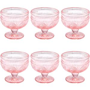 Vintage Glass Dessert Bowls Set of 6-11.5 oz Pink Embossed Glass Ice Cream Bowls for Salad, Candy Cake, Fruit,Trifle,Cocktail