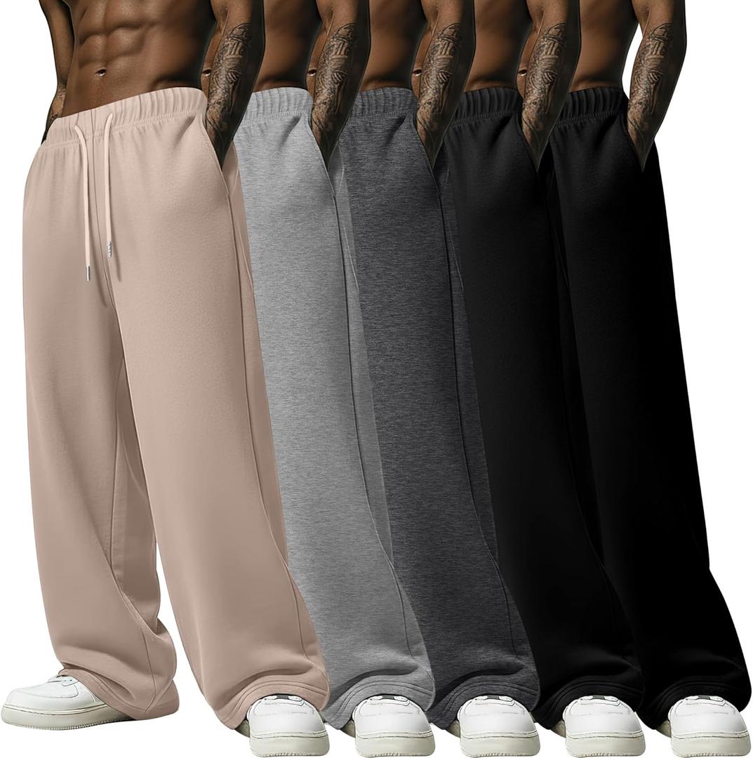 5 Pack Men's Lightweight Baggy Sweatpants Straight Leg Open Bottom Drawstring Pants with 3 Pockets (Large, Mocha, Light Gray, Dark Gray, Black, Black)