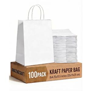 Amazingcraft Gift Bags 8x4.25x10.5 100Pcs White Paper Bags with Handles Bulk for Wedding, Party Favor, Grocery, Shopping, Retail, Merchandise Medium Kraft Paper Sacks