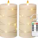Rechargeable Flameless Candles, LED Candles, Candles with Remote and Timers, Real Wax Pillar Candles, with Flickering Embedded Star StringIvory White, Set of 2