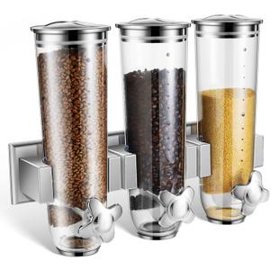 Umigy 1 Pcs Candy Dispenser Wall Mounted, Triple Dry Cereal Grain Dispenser Machine Wall Mount, Food Storage Container for Pantry Snack with 3 Cup for Kitchen, 39 oz (Silver)