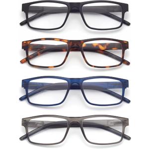 Reading Glasses for Men Women, Spring Hinge Readers Glasses, Blue Light Blocking Lens Eyeglasses SR20523 (4 Pairs Mix)