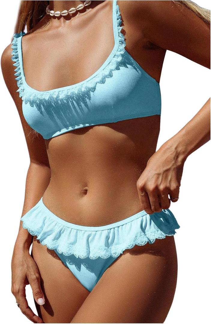 MakeMeChic Women's 2 Piece Bikini Set Lace Square Neck Spaghetti Strap Ruffle Bathing Suit Swimsuit (Large, Blue)