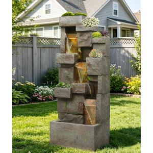 48.6" Outdoor Fountain Modern Water Fountains with LED Lights and Pump Outdoor Rock Waterfall Fountain Decor for Garden, Porch, Patio