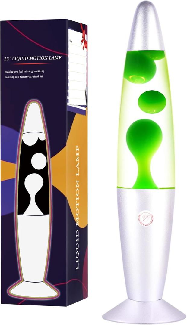 QQP Green Magma Liquid Motion Lamp,Sliver Base,Nightlight Light for Adults Teens Kids,Classic Decor Lamp for Office Bedroom and Living Room 13 Inches