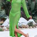 Saodimallsu Womens Crochet Swimsuit Cover Up V Neck Collared Long Sleeve Mesh Knit Long Beach Coverup Maxi Dress (Green, M)