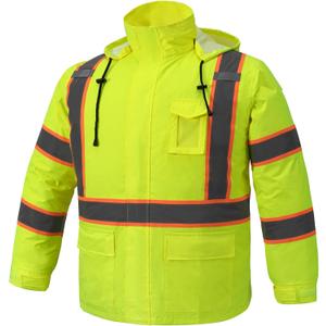Wuple Men's Hi Vis Rain Jacket & Safety Rain Coat Waterproof Lightweight with Hood, Class 3 Reflective Adult Yellow Work Rain Jacket (L/XL)