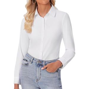 Siliteelon Button Down Shirts for Women Slim fit Long Sleeve Stretch Dress Shirts Work Shirt Wrinkle Free Office Blouses White X-Large