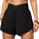 Blooming Jelly Women's Workout Shorts Athletic Running Shorts Crossover High Waisted Gym Shorts with Zipper Pockets (Black, S)
