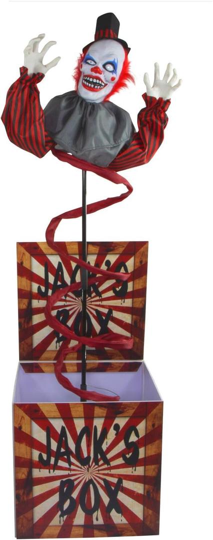 Haunted Hill Farm Life-Size Talking Clown Jack in The Box, Halloween Animatronic with Motion and Touch Activated Lights and Sounds, Battery Operated Indoor or Covered Outdoor Halloween Decorations