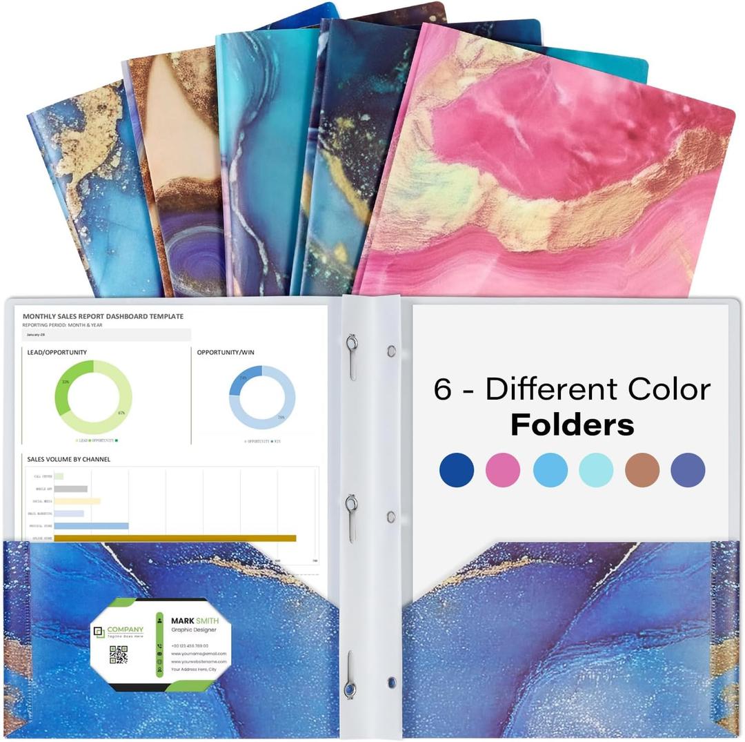 6 Pack Marble Design File Folders with Pockets - Plastic Folder with 2 Pockets & a Business Card Holder, Durable File Folders for Documents, School, Office & Home (Folder with Pockets (with Prong))