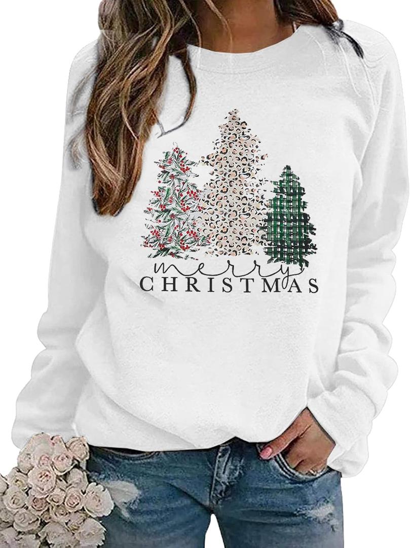 ASTANFY Merry Christmas Sweatshirt for Women Plaid Holiday Long Sleeve Tree Pullover Lightweight Shirt (XX-Large, White)