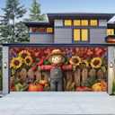 6x13ft Fall Harvest Garage Door Banner Scarecrow Sunflowers Pumpkins Corn Fence Rustic Farmhouse Wall Mural Outdoor Indoor Photo Background Decor Seasonal Party Decorations