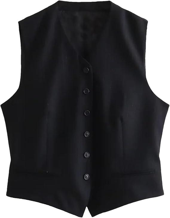 Women's Pinstripe Waistcoat Vest Elastic Waist Slim V-Neck Thin Crop Top
 L Women's Pinstripe Waistcoat Vest Elastic Waist Slim V-Neck Thin Crop Top
 L