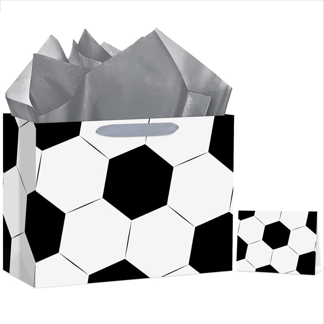 Hooqict Large Soccer Gift Bag Soccer Birthday Gift Wrap Bag with Handles, Tissue Paper, Greeting Cards for Kids Boys Men Sports Themed Goodie Treat Party Favors
