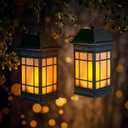 15.5" Solar Lantern Outdoor Waterproof, Glass Flickering Flame Solar Lanterns, Hanging Metal Lantern Decorative for Patio Front Porch Garden Backyard Tabletop Mothers Day Gifts Mom