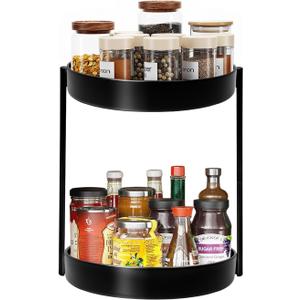 2 Tier Metal Lazy Susan Organizer, 12 Inch Rotating Turntable Double Lazy Susans for Cabinet Kitchen Bathroom, Anti-Rust Two Tiered Spinner Tray Carousel Organizer for Spice Rack Countertop Black