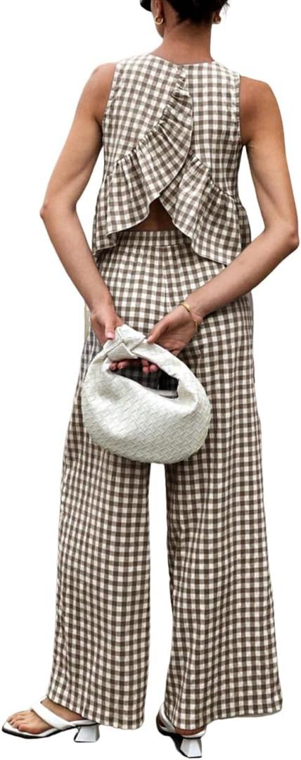 codcm Women's 2 Piece Gingham Set Summer Outfits Ruffle Tank Top and Wide Leg Pants Matching Lounge Set XL
