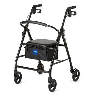 Medline Aluminum Rollator Walker with Seat, Black, 300 lb. Weight Capacity, Lightweight, 6” Wheels, Foldable, Adjustable Handles, Rolling Walker for Seniors