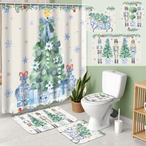 Teenyyou 4 Pcs Christmas Shower Curtains Set with Non Slip Rug Winter Christmas Bathroom Decor Toilet Lid Cover and Bath Mat Snowman Shower Curtain with 12 Hooks (Vintage,White and Blue)