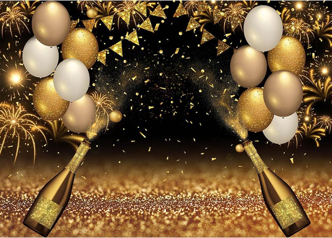 Qian Black Golden Balloons Photography Background Gold Champagne Bokeh Photo Backdrops for Graduation Prom Holiday Party Supplies Father's Day Birthday Decoration Studio Props Banner 8x6ft