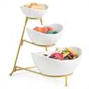 3 Tier Serving Bowls with Stand, Chips and Dip Serving Dishes Set for Entertaining Party, Ceramic Fruit Bowl for Salad Soup Snacks, Microwave & Dishwasher Safe (Large, Gold)