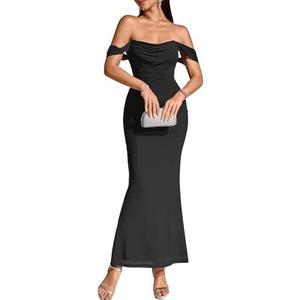 KUTUMAI Off The Shoulder Maxi Long Dress Corset Ruched Bodycon Formal Wedding Guest Dresses for Women, S, Black