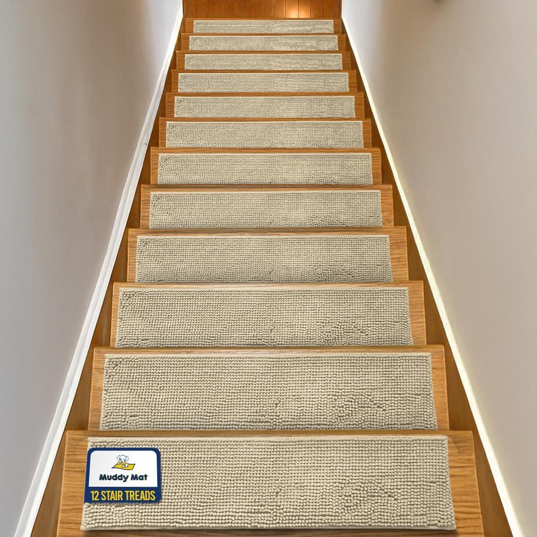 Muddy Mat Pack of 12 - Soft Chenille Stair Treads Non-Slip Reusable, Super Absorbent Stair Treads for Wooden Steps, Tile & Marble Floor, Easy to Install & Machine Washable - Beige 30'' x 7''
