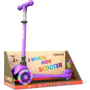 Purple Mini 3 Wheel Scooter for Kids  Lean-to-Steer with LED Light-Up Wheels, Adjustable Handlebar, Wide Anti-Slip Deck, Smooth PU Wheels, Rear Foot Brake  Toddler Scooter for Ages 2+