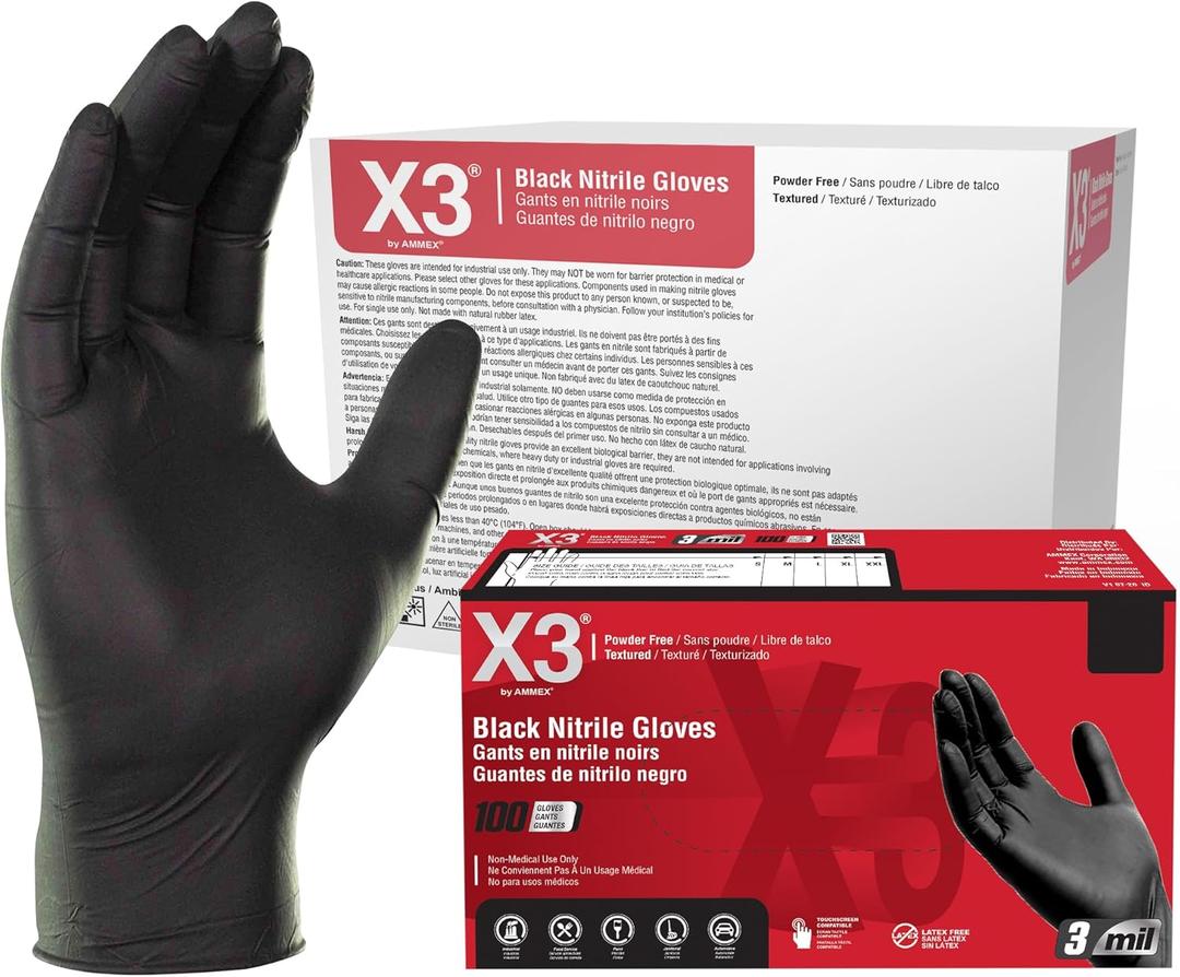 X3 Black Gloves, Disposable, Latex Free, Nitrile, for Cooking, Food Prep, 3 Mil, Powder-Free, Sizes Small through XX-Large