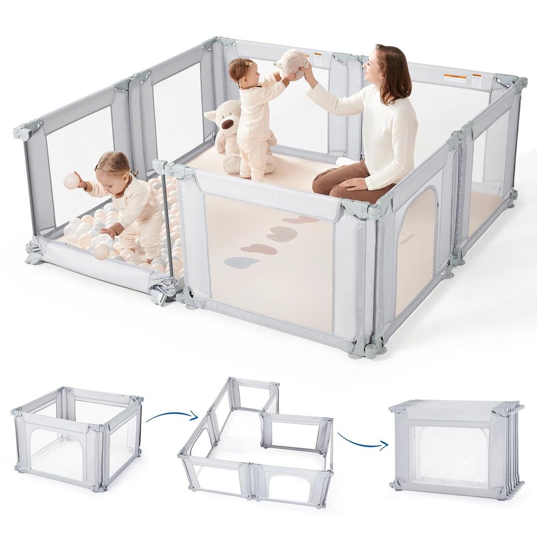 Sweeby Modular Baby Playpen, Customizable & Foldable Playpen for Babies and Toddlers with Easy Access Gate, Portable Indoor & Outdoor Play Yard, Adjustable Shape Kids Activity Center (71"x59", Grey)