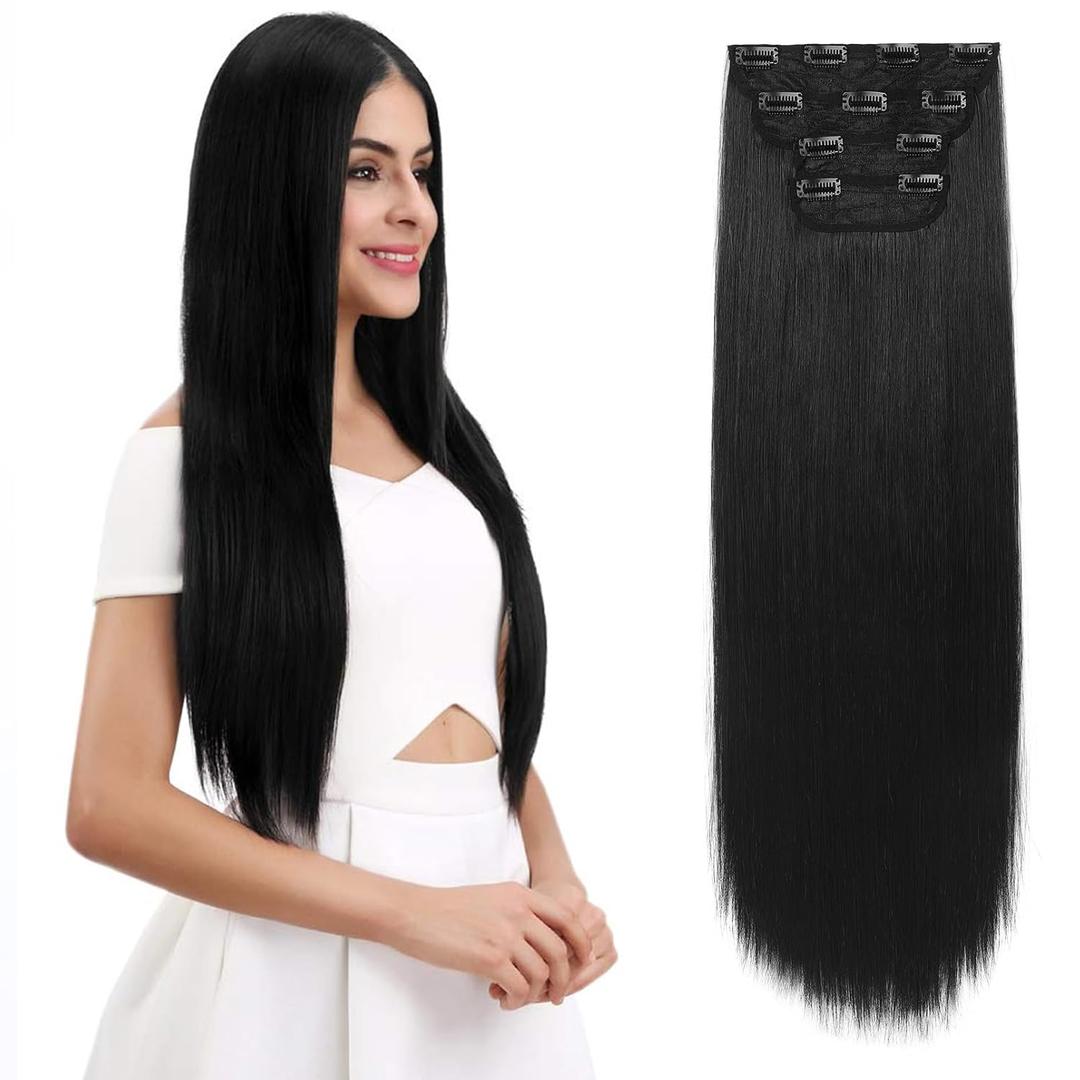 REECHO 24" Straight Long 4 PCS Set Thick Clip in on Hair Extensions Natural Black