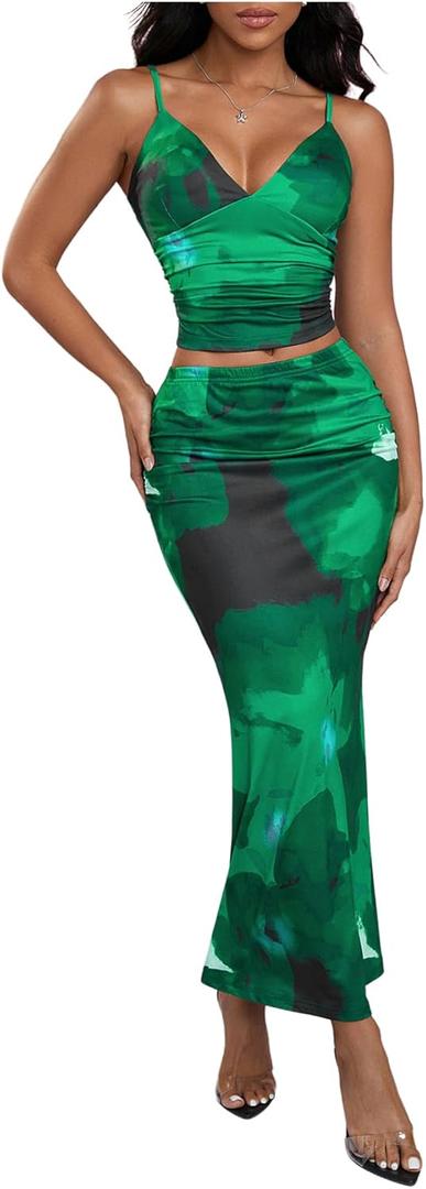 SOLY HUX Women's Skirt Sets 2 Piece Outfits Tie Dye Cami Tops and Bodycon Long Skirt Set (Green, S)